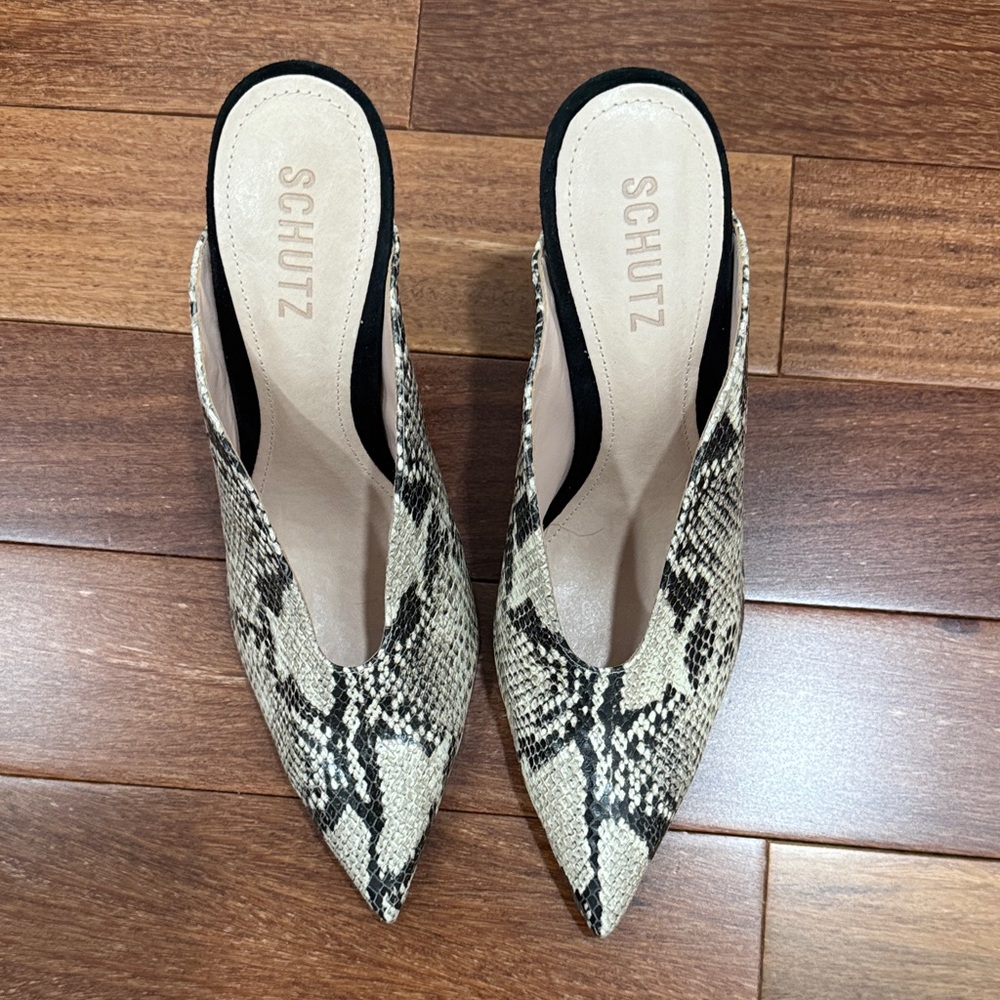 SCHUTZ Black and Cream Snake Print Mules